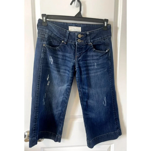 Maurices Size 3/4 Wide Leg Crop Distressed Denim Jeans Y2k Low Rise Dark Wash - Picture 1 of 5
